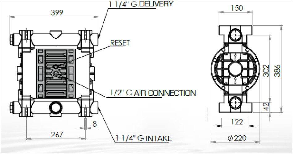 pompy membranowe boxer 150, wymiary